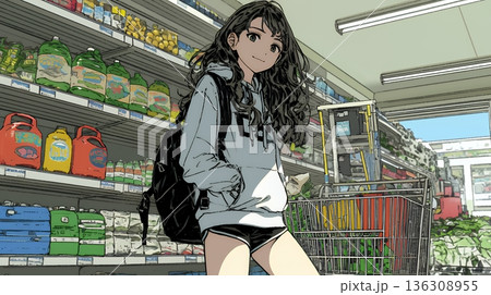 スーパーマーケットで買い物をしている若い女性