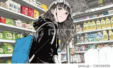 スーパーマーケットで買い物をしている若い女性