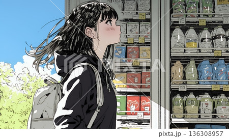 スーパーマーケットで買い物をしている若い女性