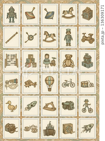 アンティークなヴィンテージ玩具のイラストセット 30枚詰め合わせ素材 136309171