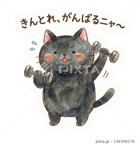 ダンベルを持つ黒猫の応援水彩イラスト素材 ダンベルを持つ黒猫の応援水彩イラスト素材 136309178
