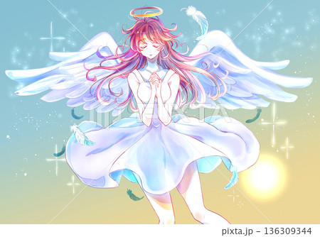 手を胸の前で組む神秘的な女性　天使　舞い散る羽根　太陽 136309344