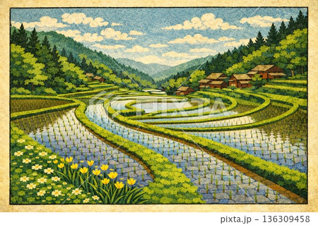 春の田園風景　田んぼ　棚田　山間部　稲作　木版画風 136309458