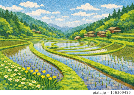 春の田園風景　田んぼ　棚田　山間部　稲作　砂絵風 136309459