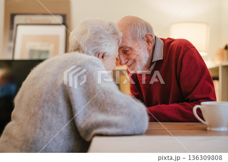Romantic moment for senior couple at home, celebrating Valentines day. Romantic moment for senior couple at home, celebrating Valentines day. 136309808