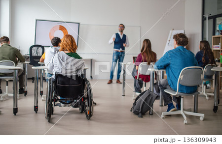 Inclusive classroom scene with student using wheelchair. Inclusive classroom scene with student using wheelchair. 136309943