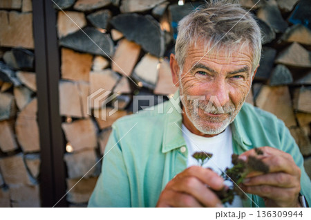 Portrait of senior man standing outdoors near stacked firewood. Portrait of senior man standing outdoors near stacked firewood. 136309944