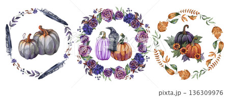 Watercolor collection of three mystical autumn wreaths featuring grey and purple pumpkins, a black raven, dark purple roses, feathers, and seasonal orange fall leaves for halloween decor. 136309976