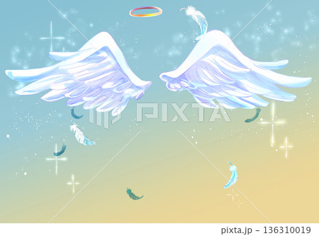 天使の羽と輪 舞い散る羽根 天使の羽と輪 舞い散る羽根 136310019