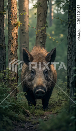 Wild boar staring in a dense forest. A wild boar (Sus scrofa) stands in a dense forest, framed by slender tree trunks. Wild boar staring in a dense forest. A wild boar (Sus scrofa) stands in a dense forest, framed by slender tree trunks. 136310148