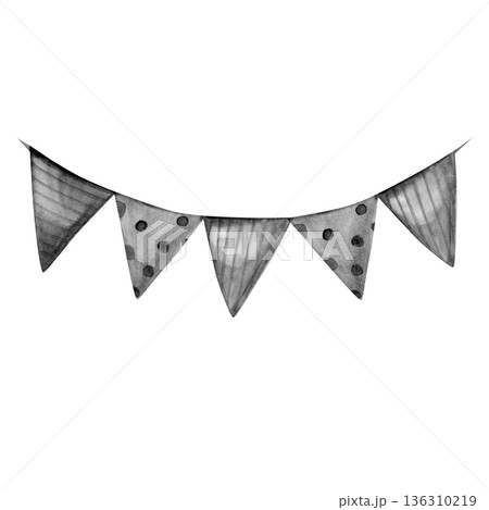 Hand-painted watercolor illustration of a festive garland with triangular bunting flags. This monochromatic black and grey bunting features polka dots and stripes, perfect for elegant party decor or 136310219