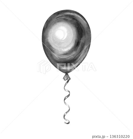 Hand-painted watercolor illustration of a single black balloon with a silver curly ribbon. This elegant monochromatic sketch features realistic highlights and textures, perfect for minimalist 136310220