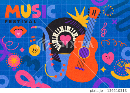 Summer music festival textured banner with sax, guitar,vinyl record on fun childish background. Musical fest party,concept of live music festival, jazz and rock event. Vector illustration. 136310318