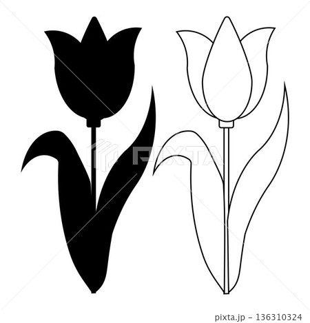 Minimal tulip flower silhouette and outline vector illustration set featuring elegant botanical shapes in black and white style suitable for spring design floral decoration branding logo print Minimal tulip flower silhouette and outline vector illustration set featuring elegant botanical shapes in black and white style suitable for spring design floral decoration branding logo print 136310324