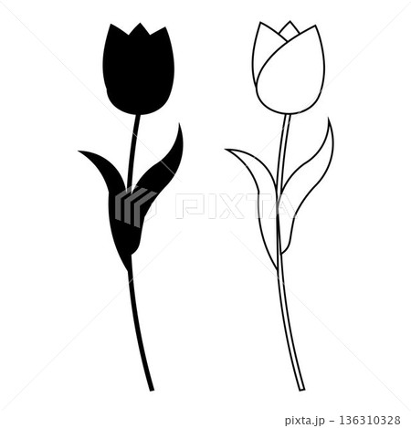 Minimal tulip flower silhouette and outline vector illustration set featuring elegant botanical shapes in black and white style suitable for spring design floral decoration branding logo print Minimal tulip flower silhouette and outline vector illustration set featuring elegant botanical shapes in black and white style suitable for spring design floral decoration branding logo print 136310328