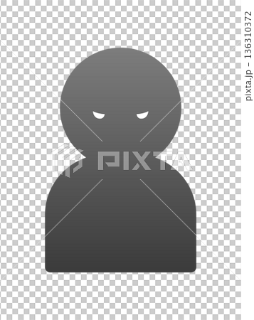怖い顔で睨む1人の人物のグレーのシルエットアイコン - 悪い人や正体不明の人物、犯人や脅威のイラスト 136310372