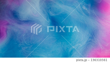 Water paint fog. Color mix smoke. Defocused blue purple pink vibrant splash liquid cloud vapor underwater haze on abstract background. 136310381
