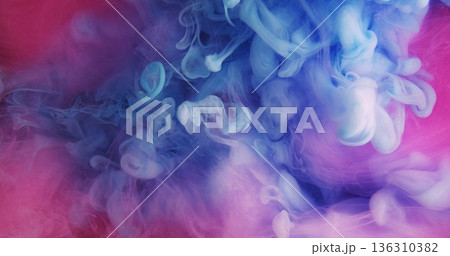 Steam paint flow. Cloud mix drop. Defocused blue pink purple color glitter water splash vapor smoke bright texture on abstract background. 136310382