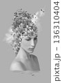 Abstract contemporary art design or portrait of young sad woman with flowers 136310404