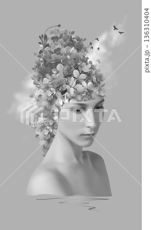 Abstract contemporary art design or portrait of young sad woman with flowers Abstract contemporary art design or portrait of young sad woman with flowers 136310404