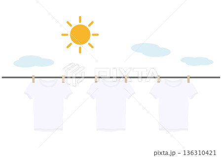 青空の下でTシャツを干す洗濯イラスト|清潔・家事・乾燥イメージ 青空の下でTシャツを干す洗濯イラスト|清潔・家事・乾燥イメージ 136310421