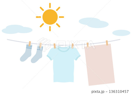 太陽の下でTシャツ・タオル・靴下を干す洗濯イラスト|清潔・家事・乾燥 太陽の下でTシャツ・タオル・靴下を干す洗濯イラスト|清潔・家事・乾燥 136310457