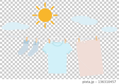 太陽の下でTシャツ・タオル・靴下を干す洗濯イラスト|清潔・家事・乾燥 太陽の下でTシャツ・タオル・靴下を干す洗濯イラスト|清潔・家事・乾燥 136310457