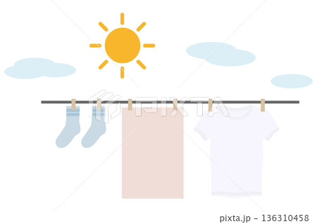 太陽の下でTシャツ・タオル・靴下を干す洗濯イラスト｜清潔・家事・乾燥 136310458