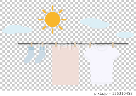 太陽の下でTシャツ・タオル・靴下を干す洗濯イラスト｜清潔・家事・乾燥 136310458
