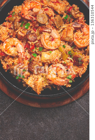 Jambalaya, Creole dish, American pilaf, rice with chicken and shrimp, vegetables, homemade, no people, Jambalaya, Creole dish, American pilaf, rice with chicken and shrimp, vegetables, homemade, no people, 136310544
