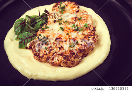 cauliflower steak, with mashed potatoes, spices and herbs, homemade, no people, 136310551