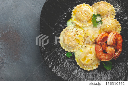 ravioli with shrimp, in cream sauce, with spices and herbs, top view, no people, ravioli with shrimp, in cream sauce, with spices and herbs, top view, no people, 136310562