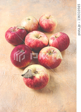 apples scattered on the table, selective focus, yellow - red, summer variety, early, no people, 136310565