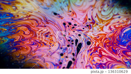 Ink wave blur. Swirl soap. Bright color pigment drop curve gasoline flow. Orange blue purple oil liquid stream abstract background texture. 136310629