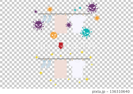 花粉が付着した洗濯物のビフォーアフター|洗濯による清潔化と花粉対策イラスト 花粉が付着した洗濯物のビフォーアフター|洗濯による清潔化と花粉対策イラスト 136310640