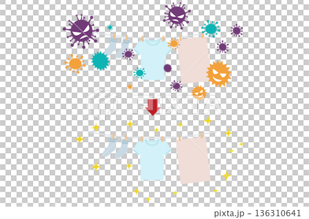 花粉が付着した洗濯物のビフォーアフター｜洗濯による清潔化と花粉対策イラスト 136310641