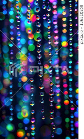 Vibrant rainbow streaks with water droplets. Diagonal streaks of vivid rainbow colors spread across the image, creating a mesmerizing pattern.  136310859