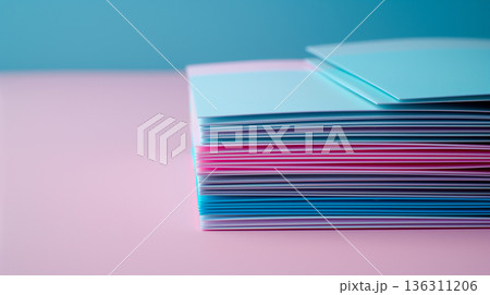 Colorful paper stack with blurred pastel backdrop for office and corporate projects Colorful paper stack with blurred pastel backdrop for office and corporate projects 136311206