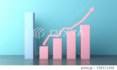 Bright business growth concept with pastel pink pink arrow and bar graph on blue background 136311208