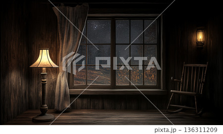 Cozy wooden cabin interior with armchair, floor lamp and nighttime forest view through the window Cozy wooden cabin interior with armchair, floor lamp and nighttime forest view through the window 136311209