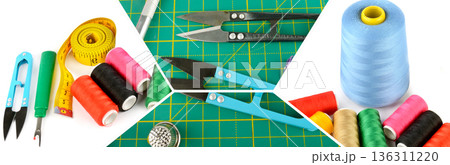 Sewing and tailoring accessories collage with threads and tools Sewing and tailoring accessories collage with threads and tools 136311220