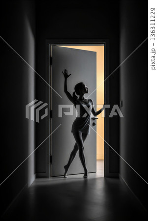The silhouette of a graceful dancer in a dimly lit corridor. Silhouette of a female dancer elegantly poised in a narrow corridor. The dim lighting creates a dramatic contrast between her figure and th 136311229