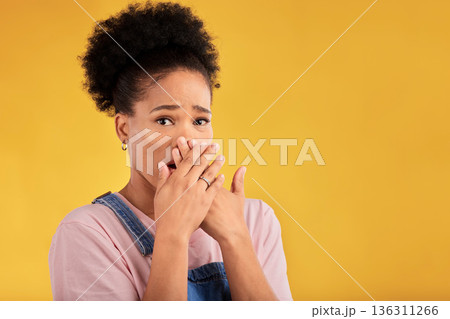Shocked, surprise and portrait of woman with wow reaction to news isolated in a yellow studio background. Expression, omg and young female person covering mouth due to gossip or announcement Shocked, surprise and portrait of woman with wow reaction to news isolated in a yellow studio background. Expression, omg and young female person covering mouth due to gossip or announcement 136311266