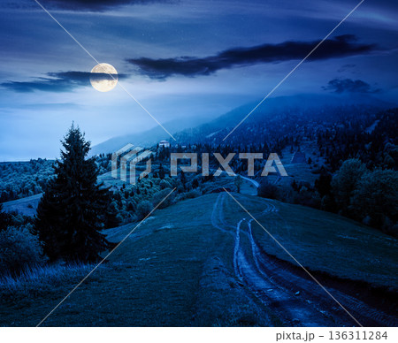 dirt road winding through green rolling hills at night. rural landscape in mountain range in full moon light. countryside vista under dark sky in spring. parks and outdoors mysterious fantasy dirt road winding through green rolling hills at night. rural landscape in mountain range in full moon light. countryside vista under dark sky in spring. parks and outdoors mysterious fantasy 136311284