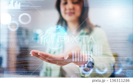 Business woman, hand and hologram earth for thinking, vision or chart for big data analysis, stats or stock market. Futuristic trading, 3D ux overlay and ideas for global financial growth at agency 136311286