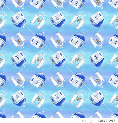 Seamless pattern of Greek domes and bell towers on a blue watercolor background. Watercolor illustration of national landmarks. Realistic template with architectural elements for wallpaper, booklets Seamless pattern of Greek domes and bell towers on a blue watercolor background. Watercolor illustration of national landmarks. Realistic template with architectural elements for wallpaper, booklets 136311297