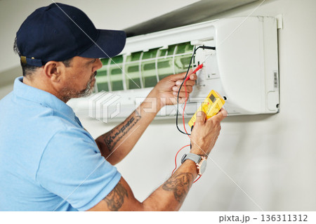 Air conditioner, meter and electrician man for ac repair, maintenance and electrical power services on fan system. Person, technician or contractor with electricity, box check and hvac engineering 136311312