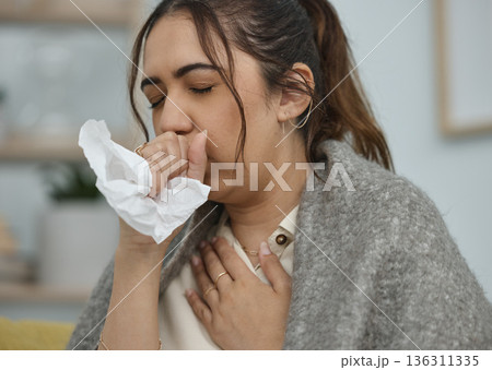 Woman with cough, tissue and sick with health problem, flu or allergies, chest pain and asthma at home. Young female with fever, bacteria in lungs and virus, infection and sinus with tuberculosis Woman with cough, tissue and sick with health problem, flu or allergies, chest pain and asthma at home. Young female with fever, bacteria in lungs and virus, infection and sinus with tuberculosis 136311335