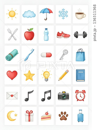 手描き水彩風のライフスタイル・日常アイコンセット 30種 手描き水彩風のライフスタイル・日常アイコンセット 30種 136311368