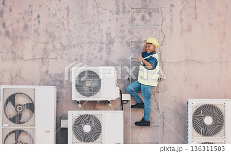 Technician woman, air conditioning maintenance or thumbs up with smile, success or portrait on ladder by building wall. African engineer, emoji or sign for yes, agreement or achievement for ac repair 136311503
